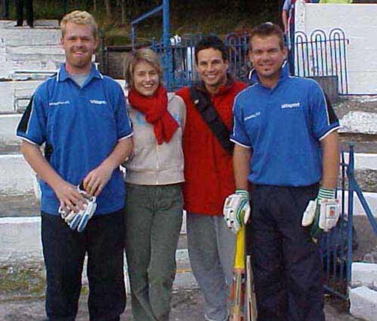 Victorians Michael Lewis, Brad Hodge and Matthew Mott with Brad's girlfriend before the match