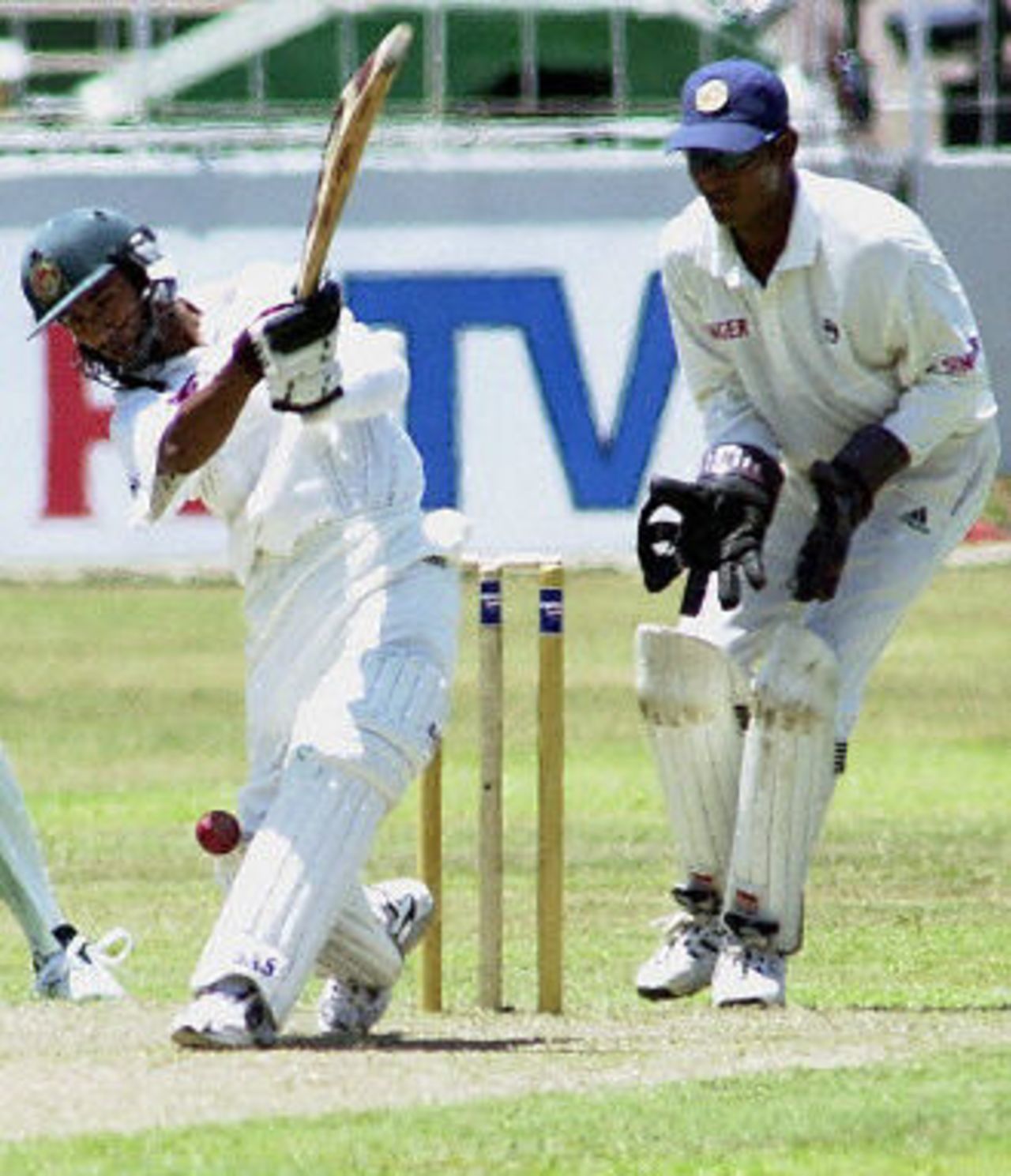 Mohammad Ashraful tries to heave the ball on the on-side, but is hit on the pads as Kumar Sangakkara looks on. Asian Test Championship 2001-02, 2nd Match, Sri Lanka v Bangladesh, Sinhalese Sports Club Ground.