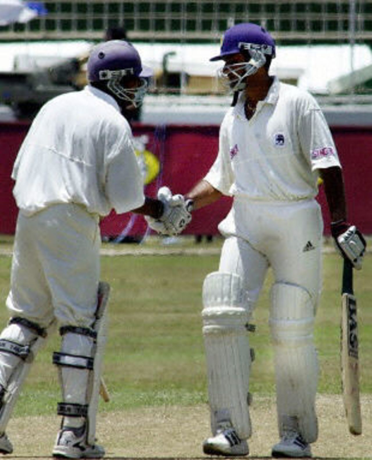 Mahela Jayawardene congratulates Marvan Atapattu on his double century, Asian Test Championship 2001-02, 2nd Match, Sri Lanka v Bangladesh, Sinhalese Sports Club Ground, Colombo.