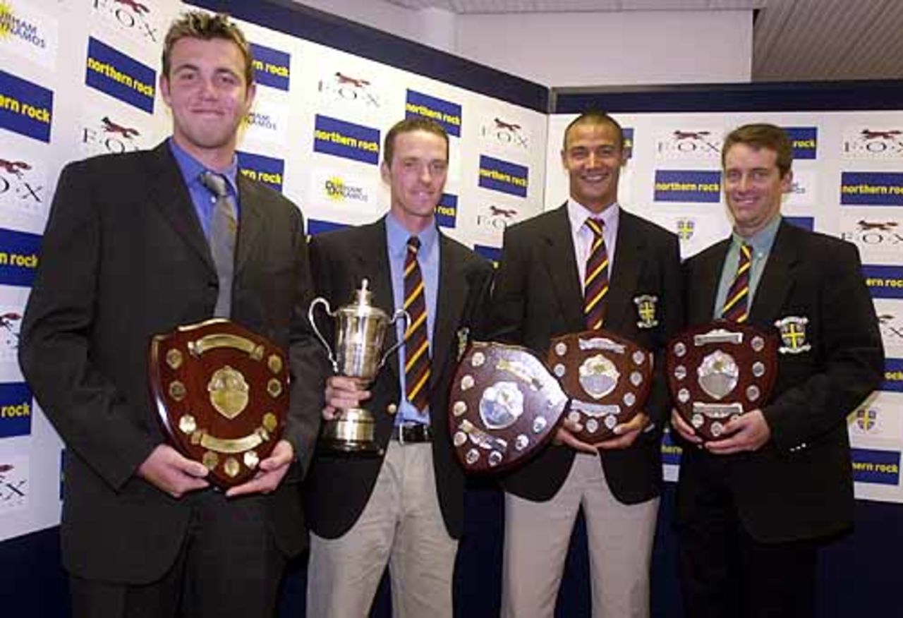 The main award winners at the 2001 Durham CCC Player of the Year Dinner, left to right, Nicky Peng, (Young Player of the Year), Andrew Pratt, ( Player of the Year), Danny Law, (Bowler of the Year) and Martin Love, ( Batsman of the Year).