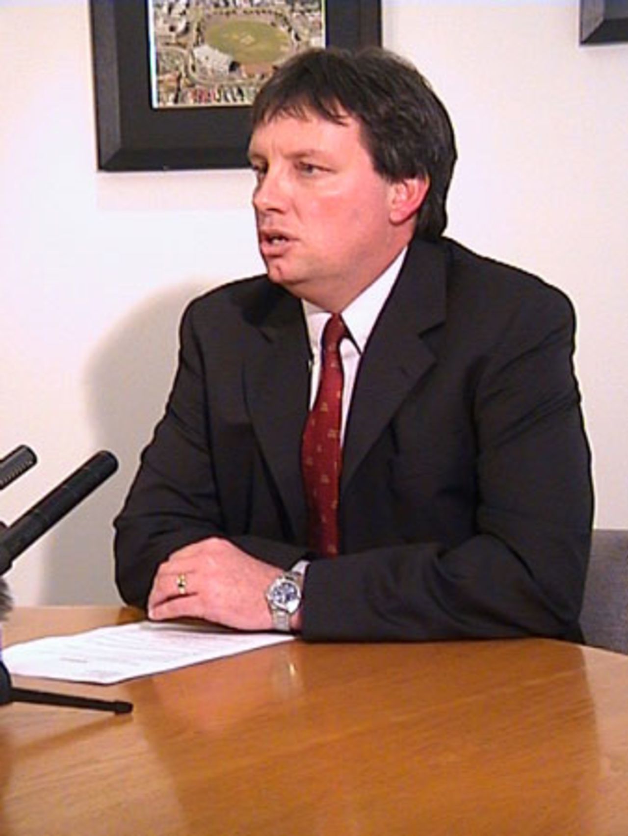 New Zealand Cricket chief executive Martin Snedden announces the return of the New Zealand team from Singapore. New Zealand were en route to Pakistan for a three One-Day International and three Test tour. He also announced the withdrawal of the New Zealand 'A' team from a one-day tournament in Hyderabad, India. 13 September 2001.