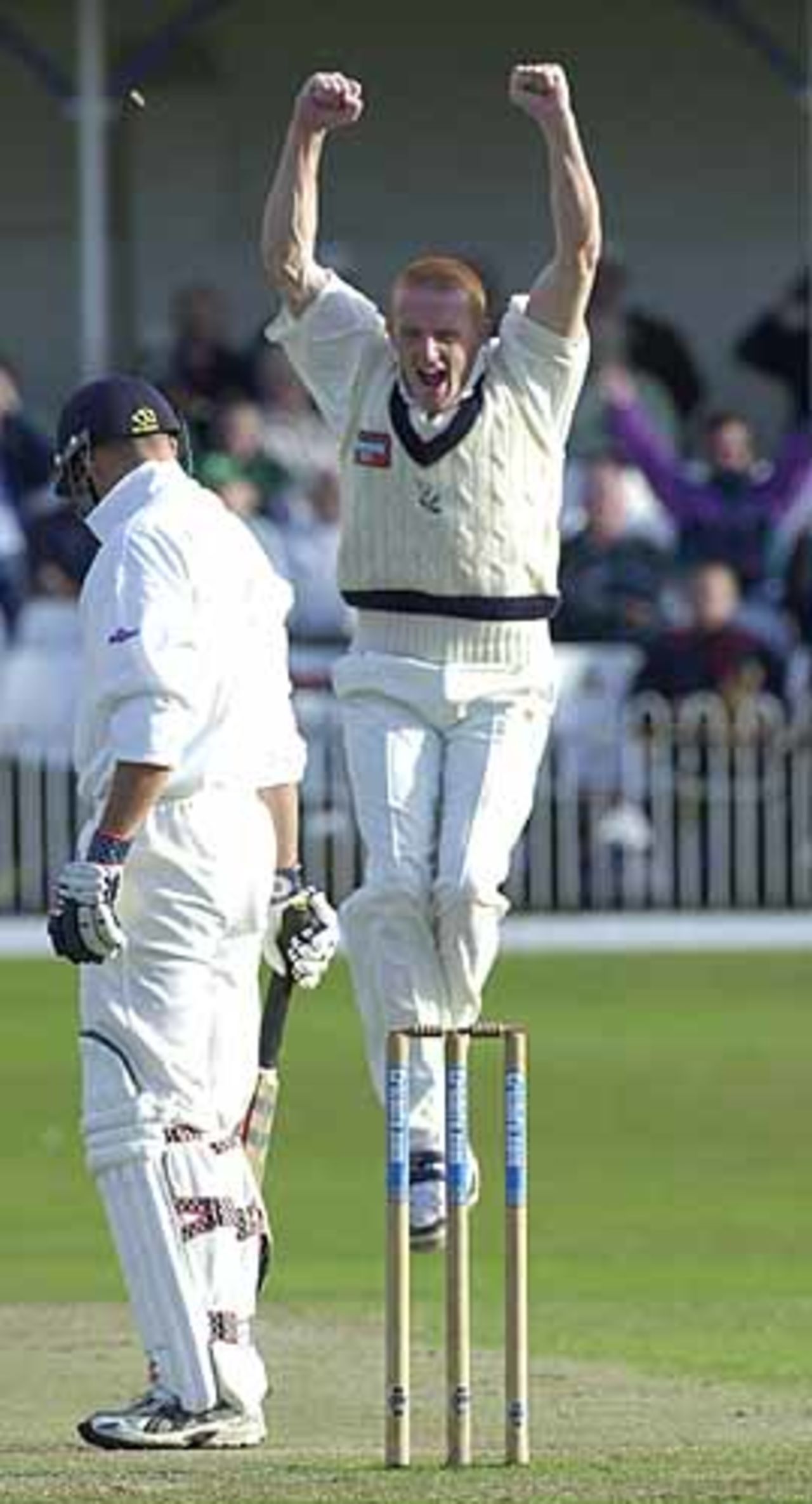 Stephen Kirby has just gained the wicket of Richard Clinton in the Essex second innings, Scarborough 14th Sep 2001