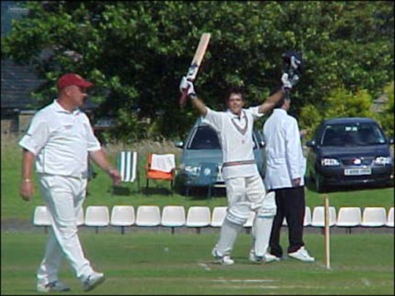 Jacques Rudolph celebrates his fifth consecutive century for Lowerhouse in 2002