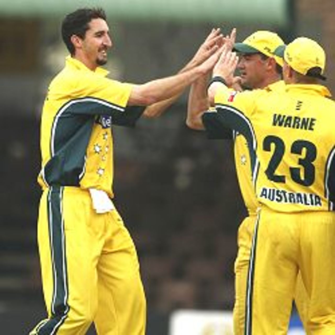 NAIROBI- SEPTEMBER 2: Jason Gillespie #4 for Australia celebrates after taking the wicket of Kennedy Obuya, caught Matthew Hayden for ten, during the One Day International betweeen Australia and Kenya, played at Gymkhana, Nairobi, Kenya on September 2, 2002.