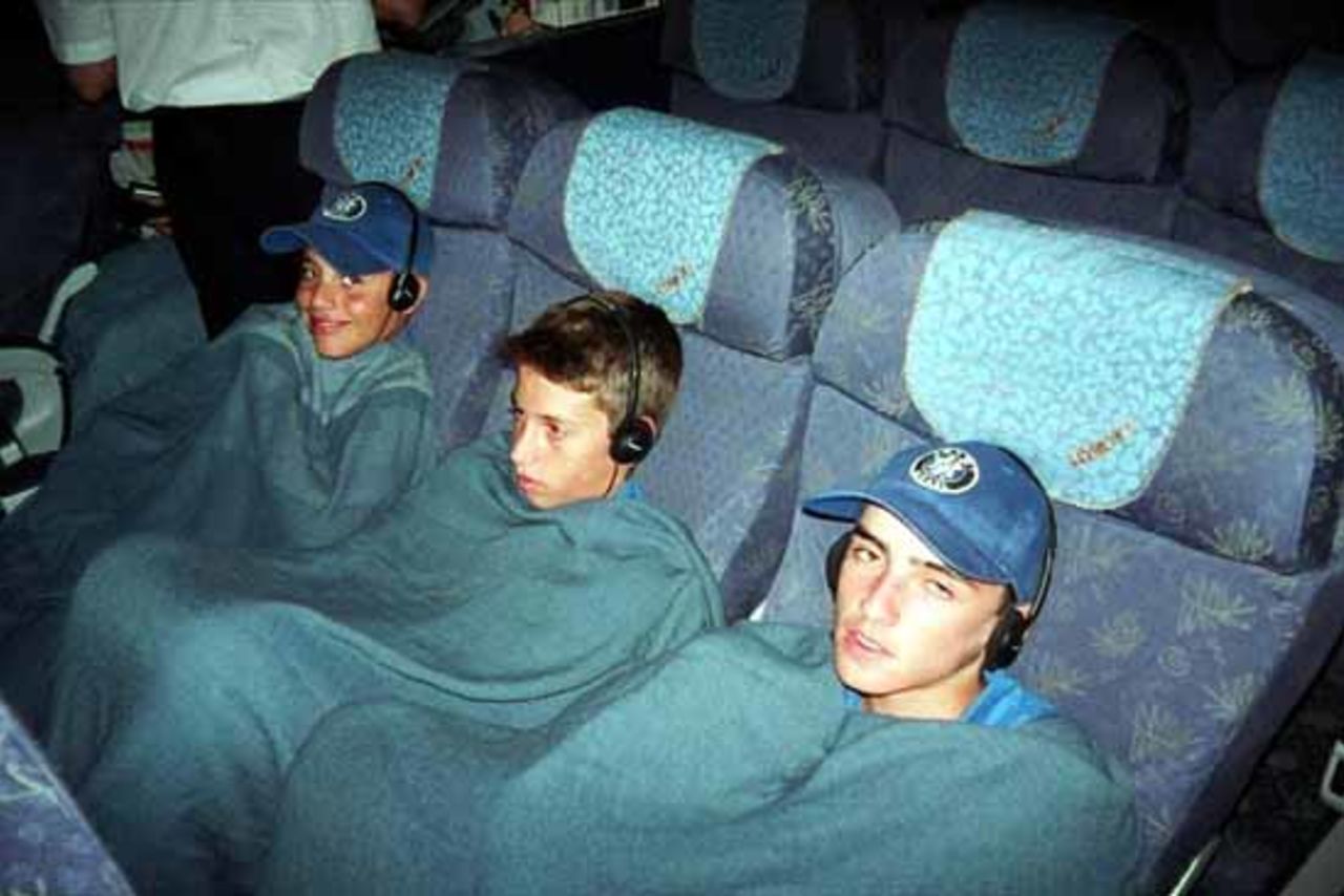 After a job well done, Gabi Shachat, Eyal Matz and Alex Ozer still have lots of energy on the plane journey home