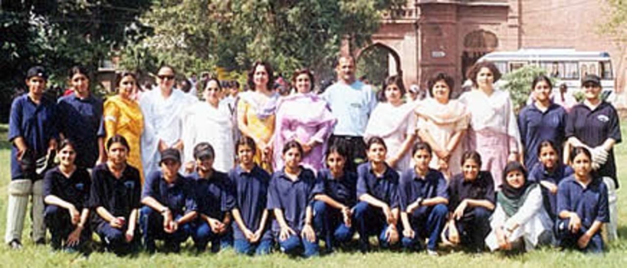 PWCA trial participants for QEA Trophy 2002, at Queen Mary College, Lahore with Chief Selector Mr Amir Akbar, Farzana and Secretary General, 21 Sept 2002