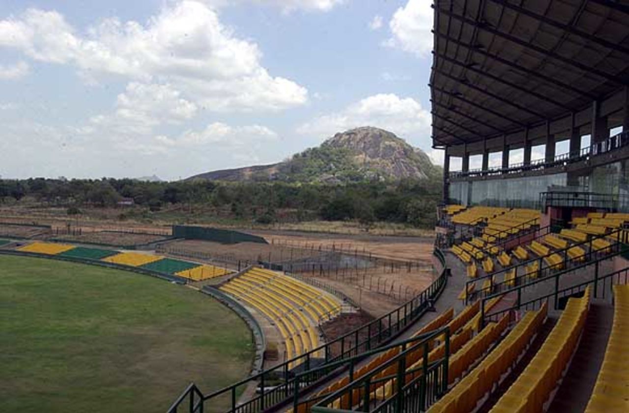 A view of the Rangiri Dambulla mountain from the main stand of the Rangiri Dambulla stadium in Sri Lanka