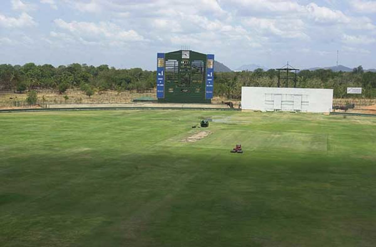 A general view of the massive playing area at the Rangiri Dambulla stadium in Sri Lanka. It is 110 metres from the centre of the wicket block to the boundary wall.