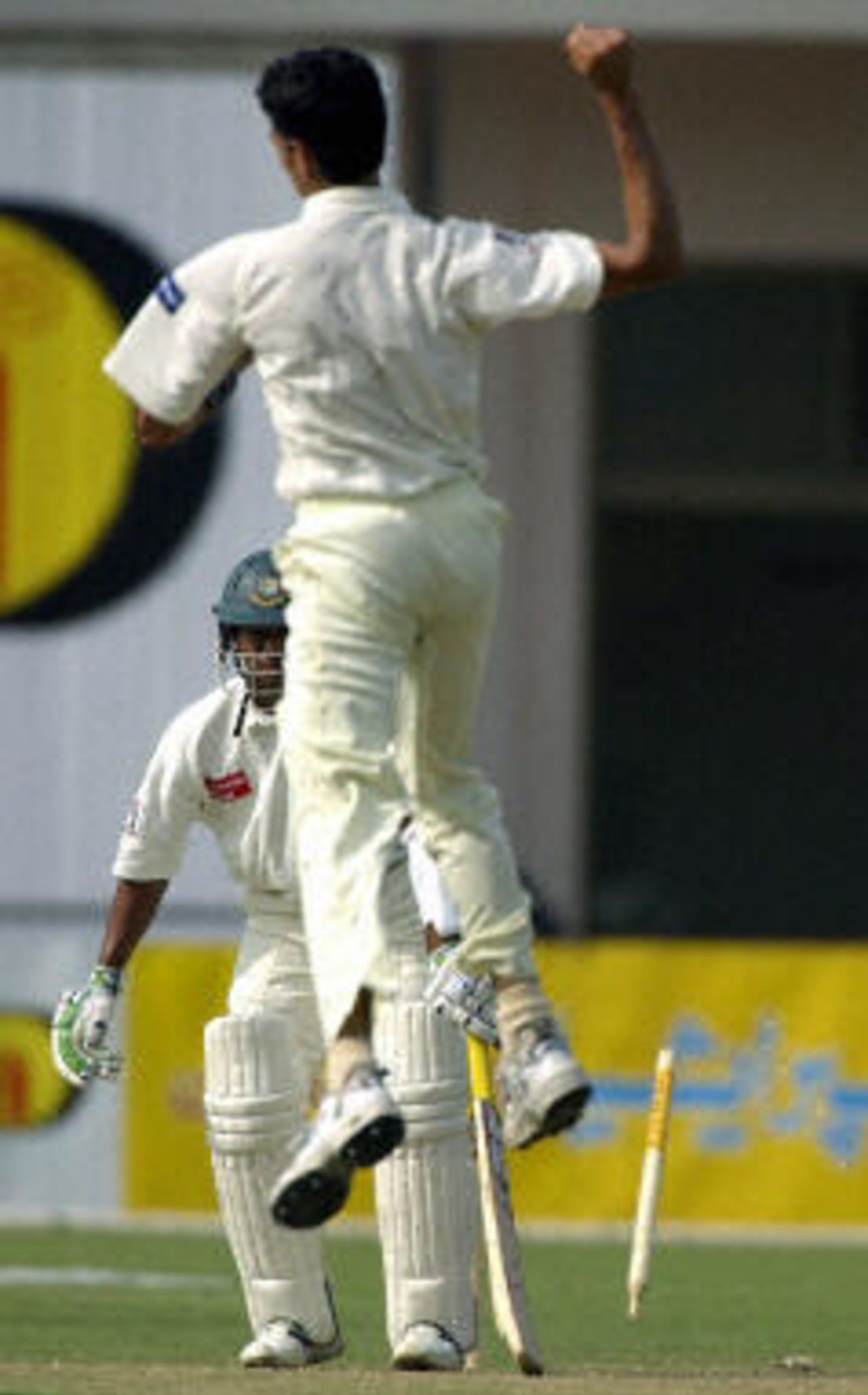 Umar Gul jumps in the air in celebration after bowling Alok Kapali, Pakistan v Bangladesh, 3rd Test, Multan, September 3, 2003.