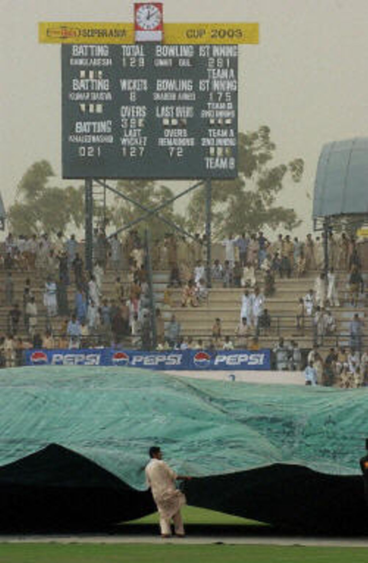 A groundsman pulls a plastic cover over the pitch as play during the third day was stopped by a duststorm, Pakistan v Bangladesh, 3rd Test, Multan, September 5, 2003.