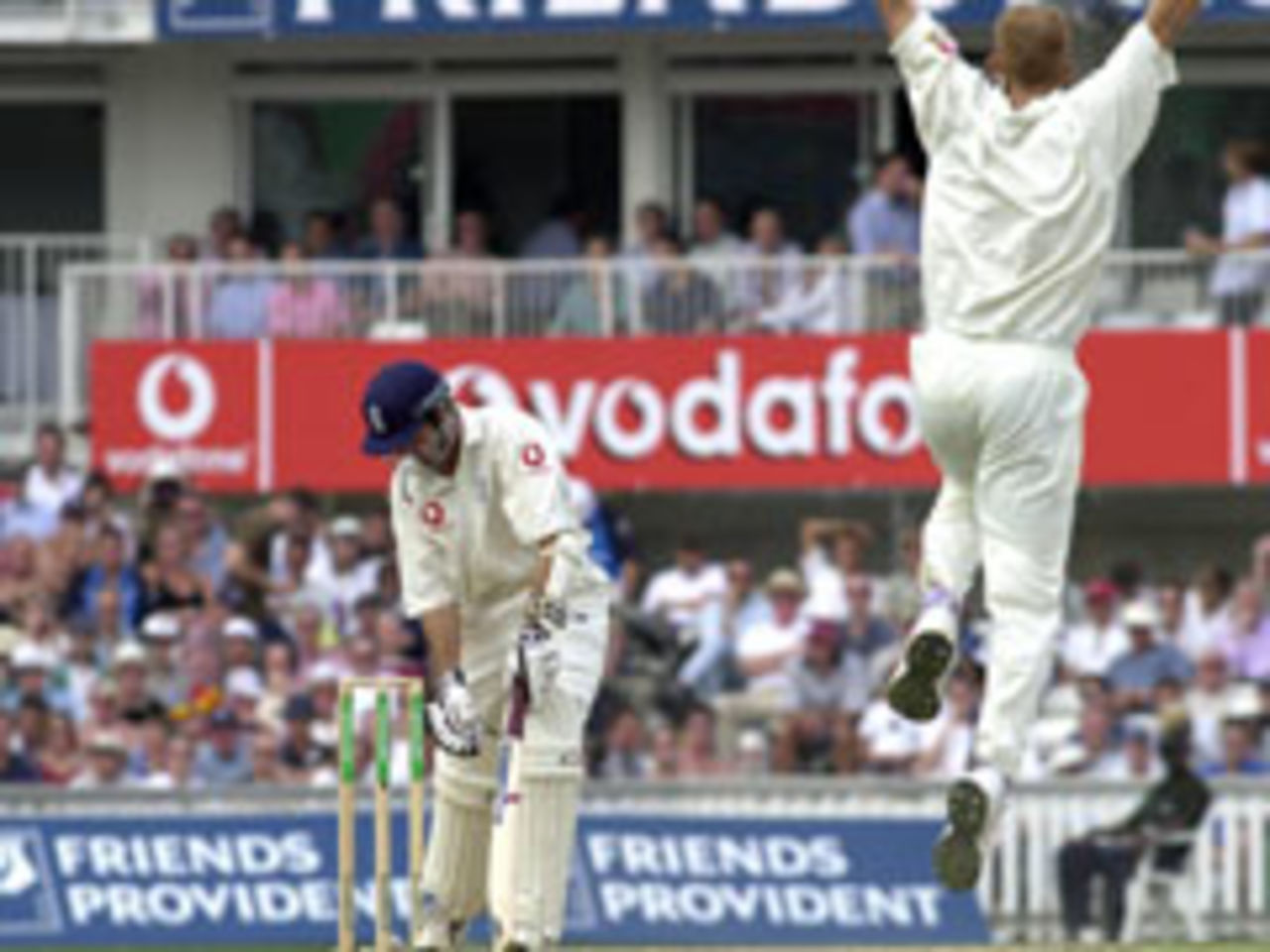 Shaun Pollock jumps for delight as he takes the wicket of Michael Vaughan, his 300th in Tests