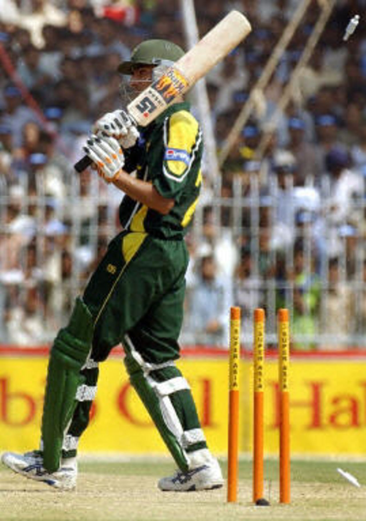 Yasir Hameed clean bowled for 15, Pakistan v Bangladesh, 2nd ODI, Faisalabad, September 12, 2003.
