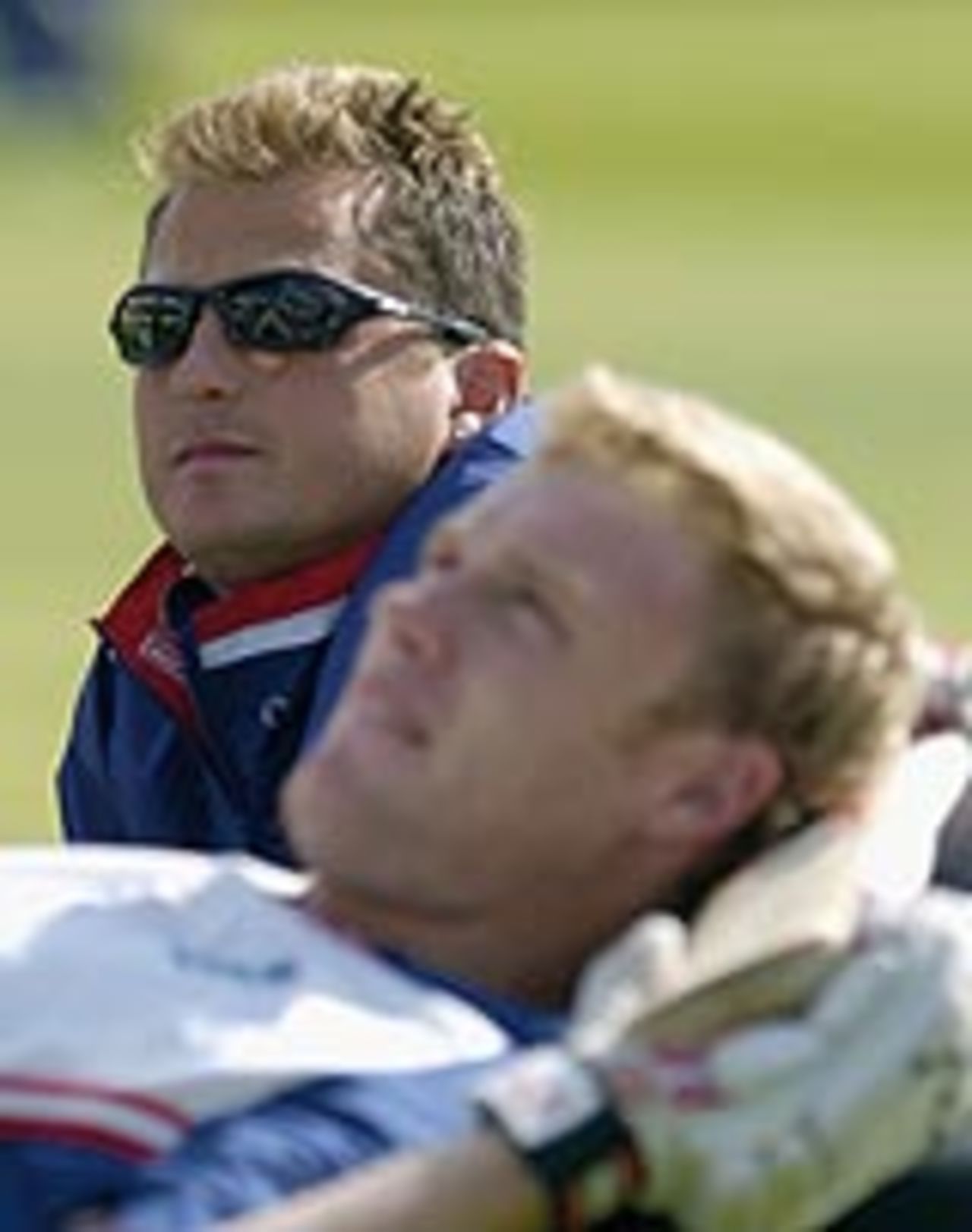 Darren Gough and Andrew Flintoff relax ahead of the first one-day international between England and India at Trent Bridge, September 1, 2004