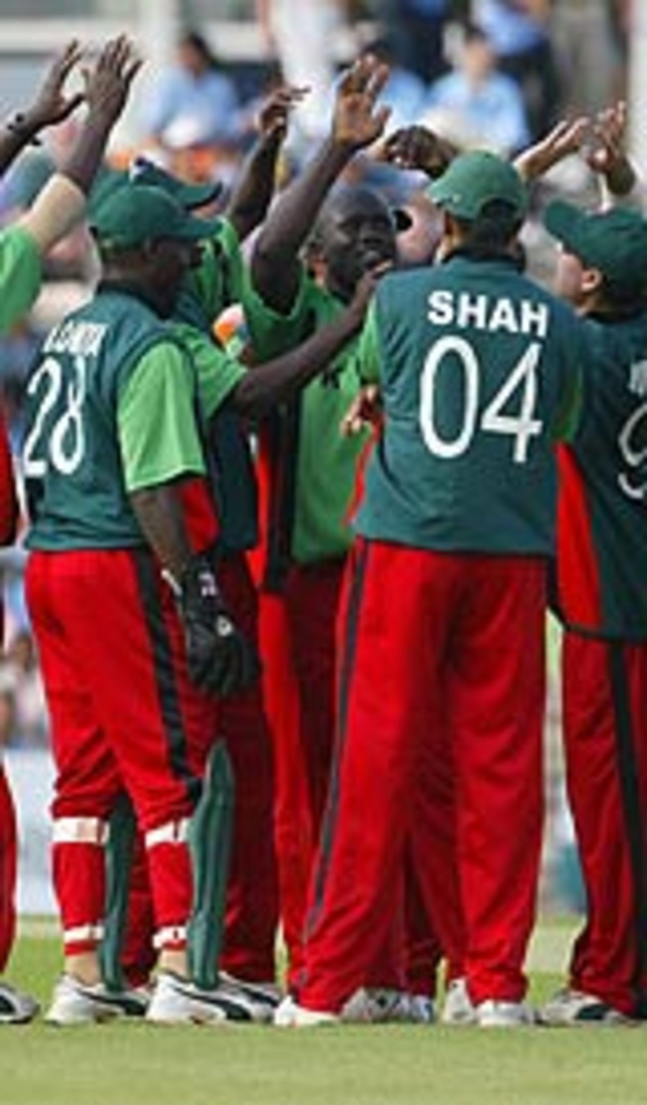 The Kenyans celebrate as Virender Sehwag departs, India v Kenya, Southampton, Champions Trophy, September 11, 2004