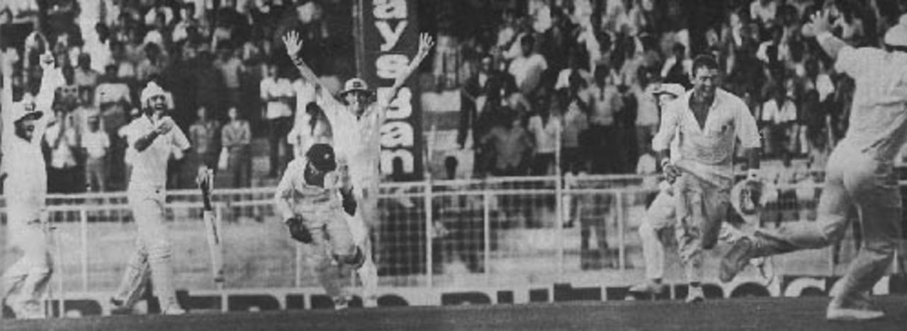 Maninder Singh protests at being given out lbw to Greg Matthews as the Test ends in a tie, India v Australia, Madras, 1986-87