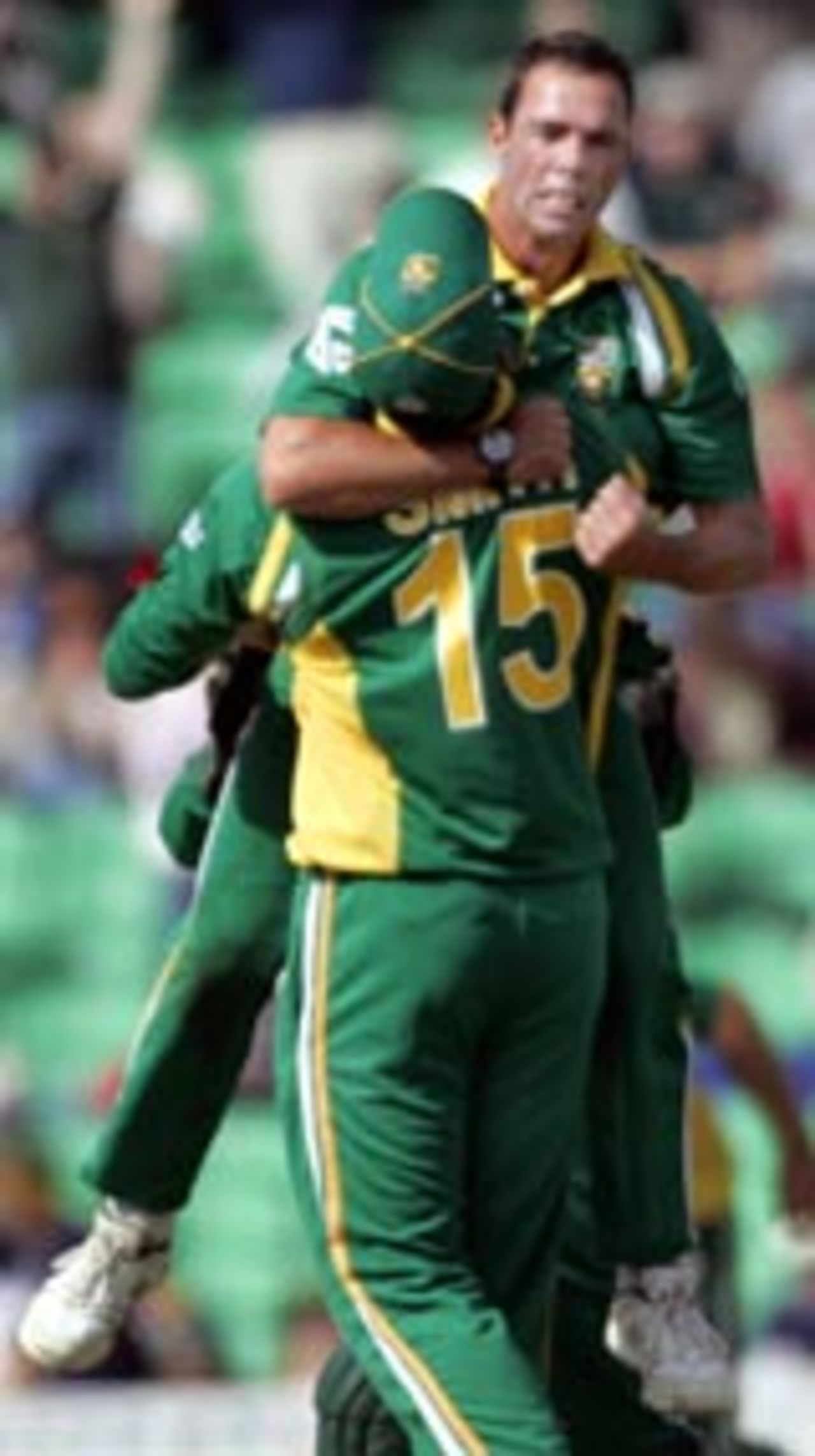 Nicky Boje celebrates the wicket of Brian Lara, South Africa v West Indies, ICC Champions Trophy, September 19 2004