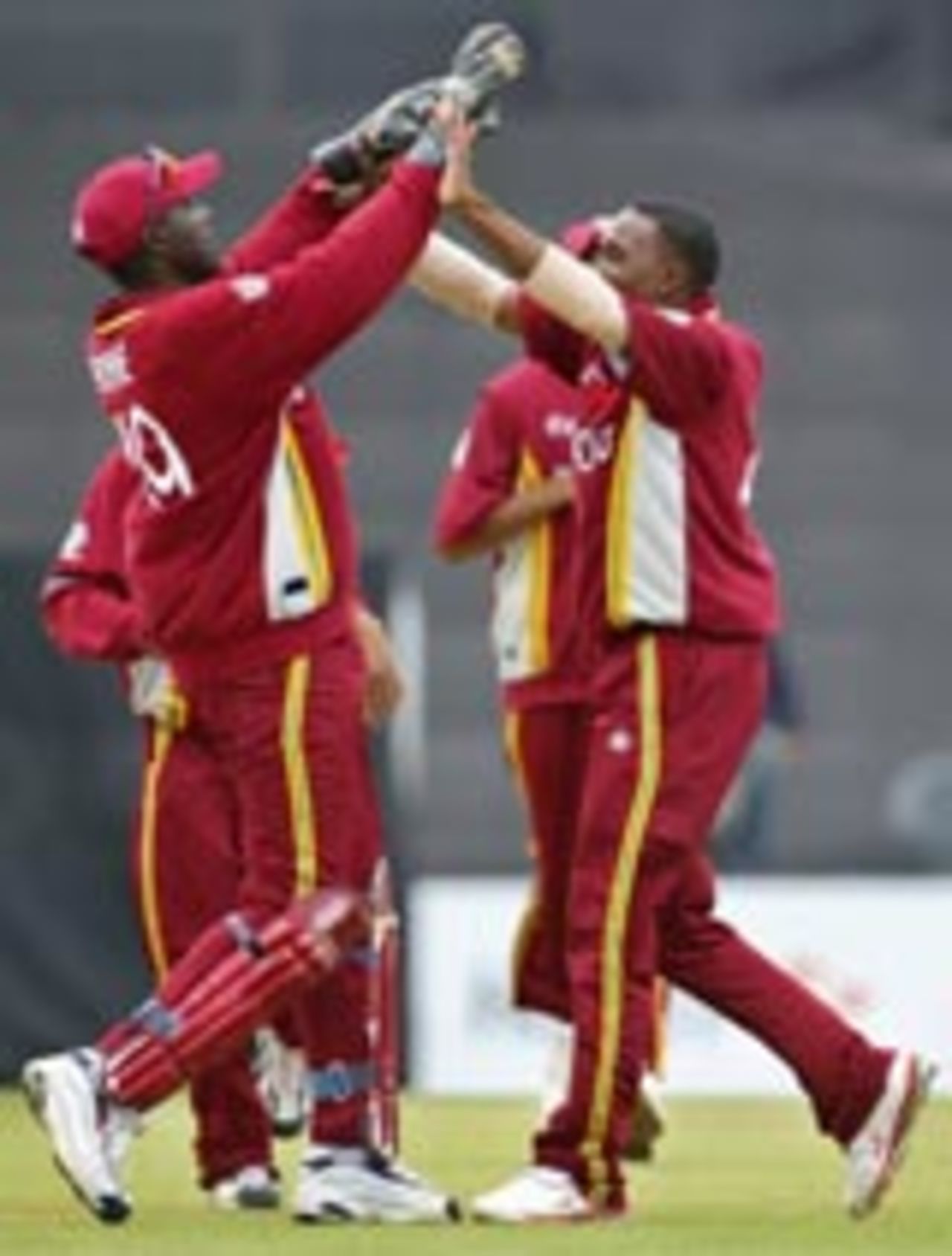 Courtney Browne and Dwayne Bravo celebrate the wicket of Inzamam-ul-Haq, West Indies v Pakistan, ICC Champions Trophy, September 22 2004