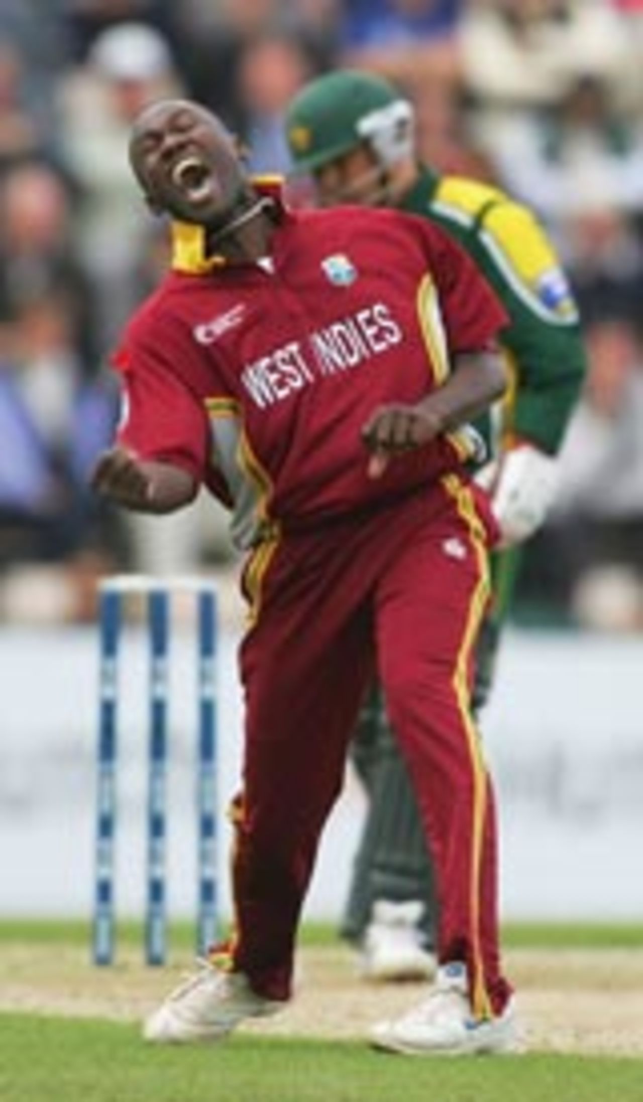 Wavell Hinds is overjoyed at the dismissal of Moin Khan, West Indies v Pakistan, ICC Champions Trophy, September 22 2004