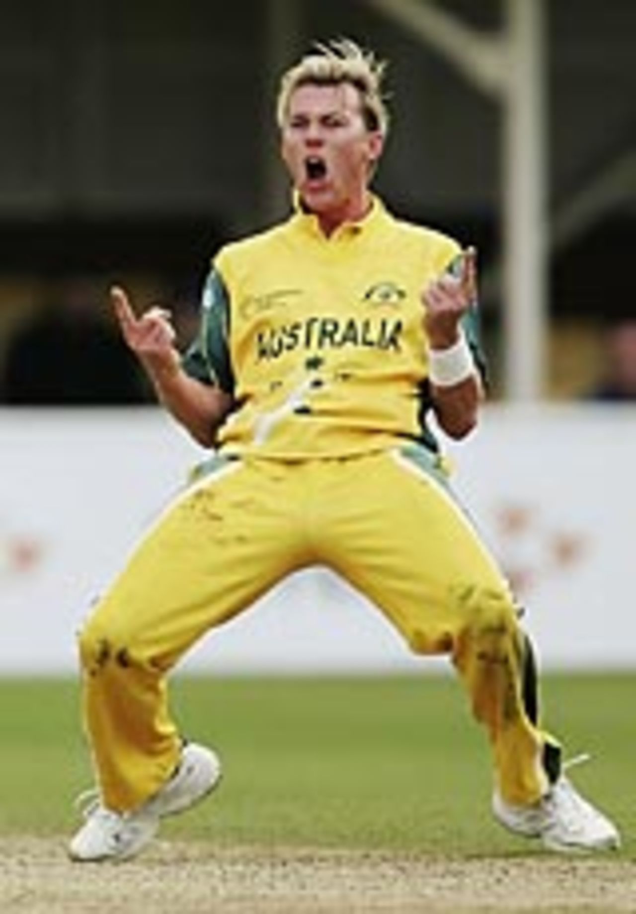 Brett Lee celebrates dismissing Andrew Flintoff - but England were only 11 runs from victory, Australia v England, Champions Trophy, Edgbaston, September 21, 2004