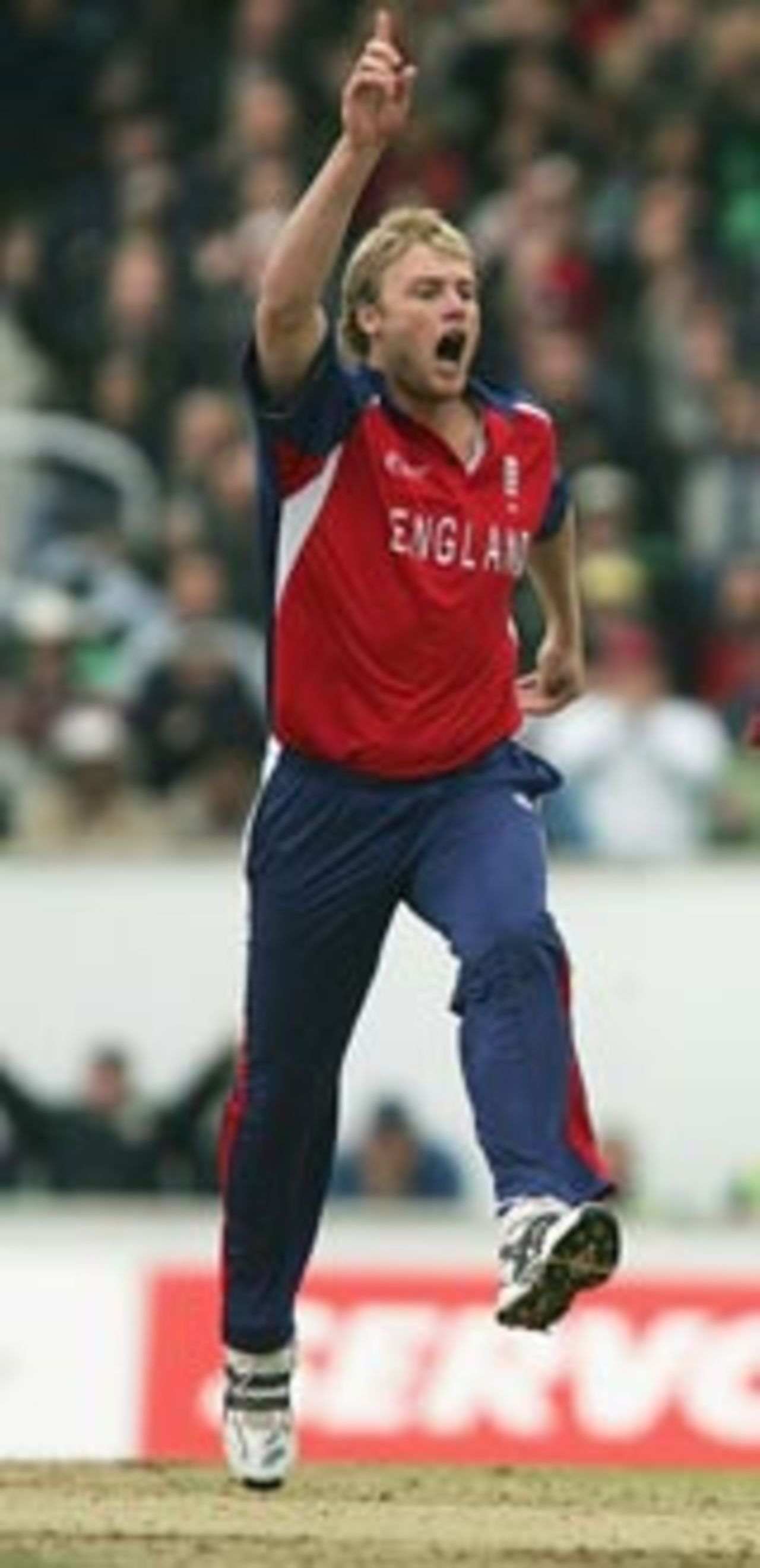Andrew Flintoff celebrates a West Indian wicket, England v West Indies, ICC Champions Trophy final, September 25 2004
