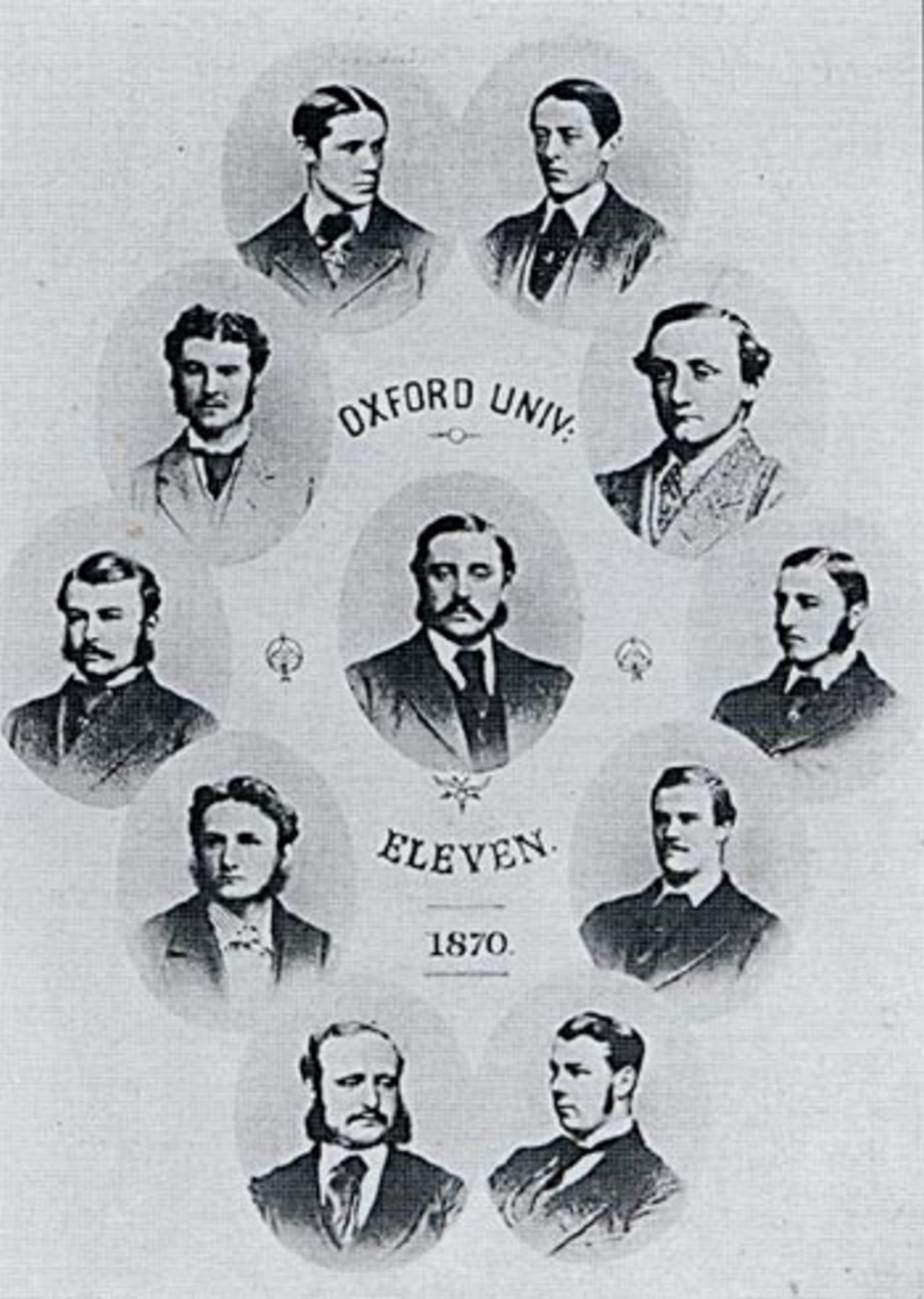 Oxford University XI in 1870. From left to right, top row: C.K. Francis, C.J. Ottaway, E.F.S. Tylecote, A.T. Fortescue. Middle row: W. Townshend, B. Pauncefote (captain), W.H. Hadow. Bottom row: F.H. Hill, T.H. Belcher, S.E. Butler, W.A. Stewart.