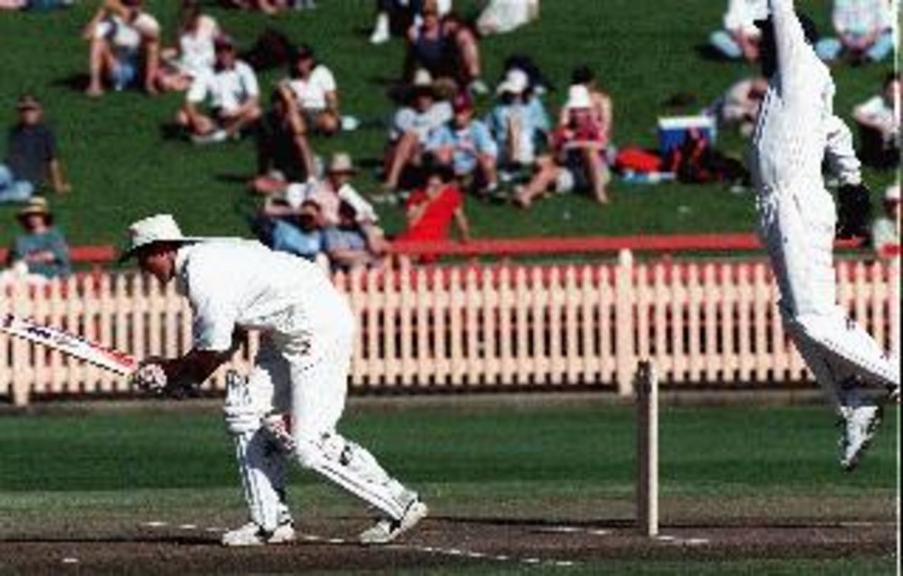 Emery goes up and Elliott is out LBW to MacGill . NSW v Victoria, 22 - 25 Oct, 1997