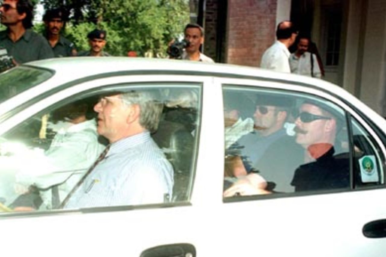 Malcolm Speed, Reg Dickason, Mark Taylor and Mark Waugh leave the Pakistani match-fixing inquiry, Tuesday 6th October 1998.