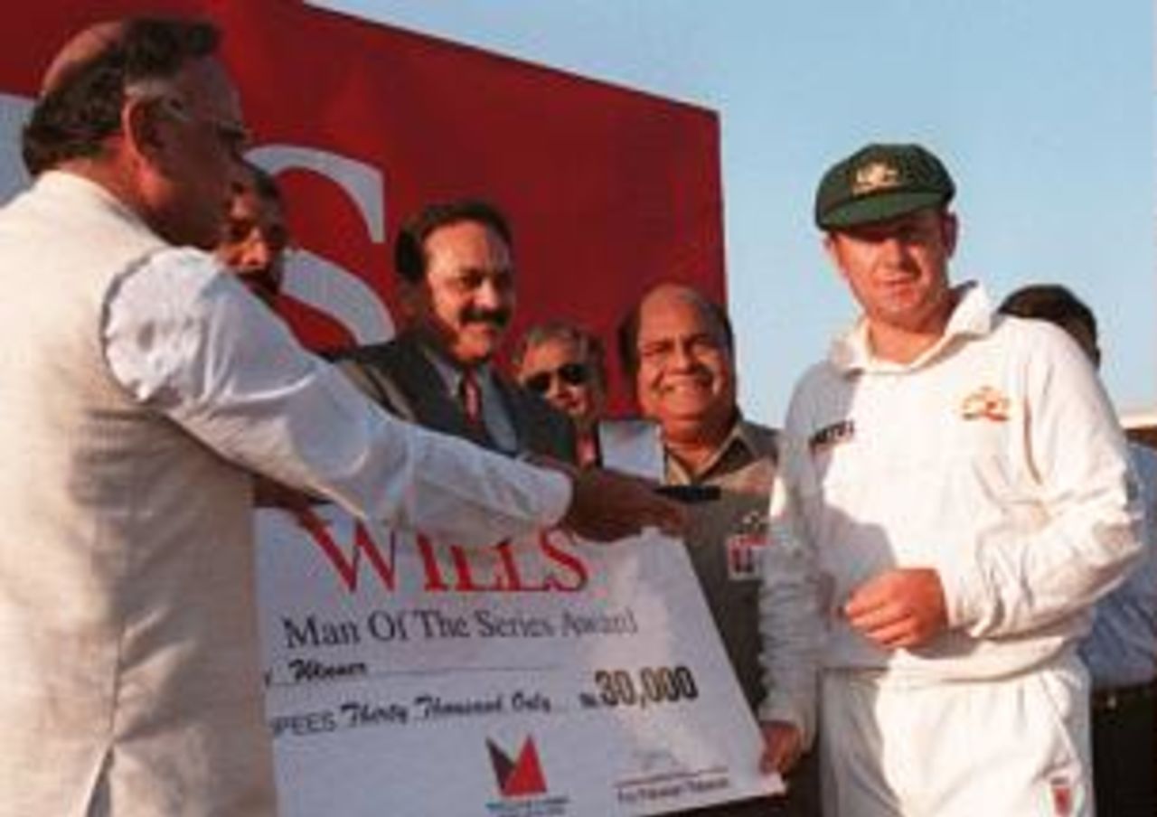 Mark Taylor accepts the Man of the Series award at the end of the series in Pakistan.