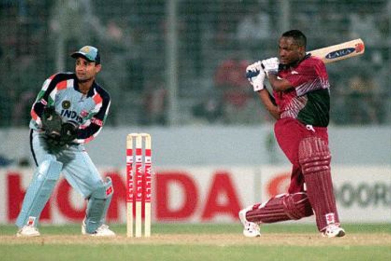 Lara hits to leg Mongia is the keeper Wills International Cup, 1998/99, 2nd Semi-Final India v West Indies Bangabandhu National Stadium, Dhaka (day/night) 31 October 1998