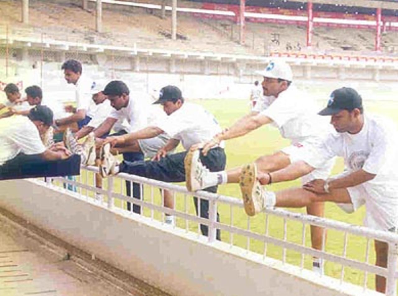 Karnataka team warming up on the first day, Chinnaswamy Stadium, Irani Trophy, 1999-2000, Bangalore