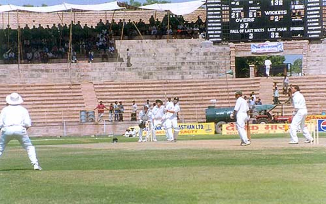 Hrishikesh Kanitkar hits a six off Paul Wiseman, during day one of Indian Board President's XI v New Zealanders at Barkatullah Khan Stadium, Jodhpur, 5 October 1999, New Zealand in India, 1999/00