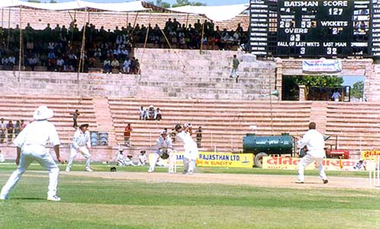Pravanjan Mullick in action during a loft shot of Paul Wiseman, during day one of Indian Board President's XI v New Zealanders at Barkatullah Khan Stadium, Jodhpur, 5 October 1999, New Zealand in India, 1999/00