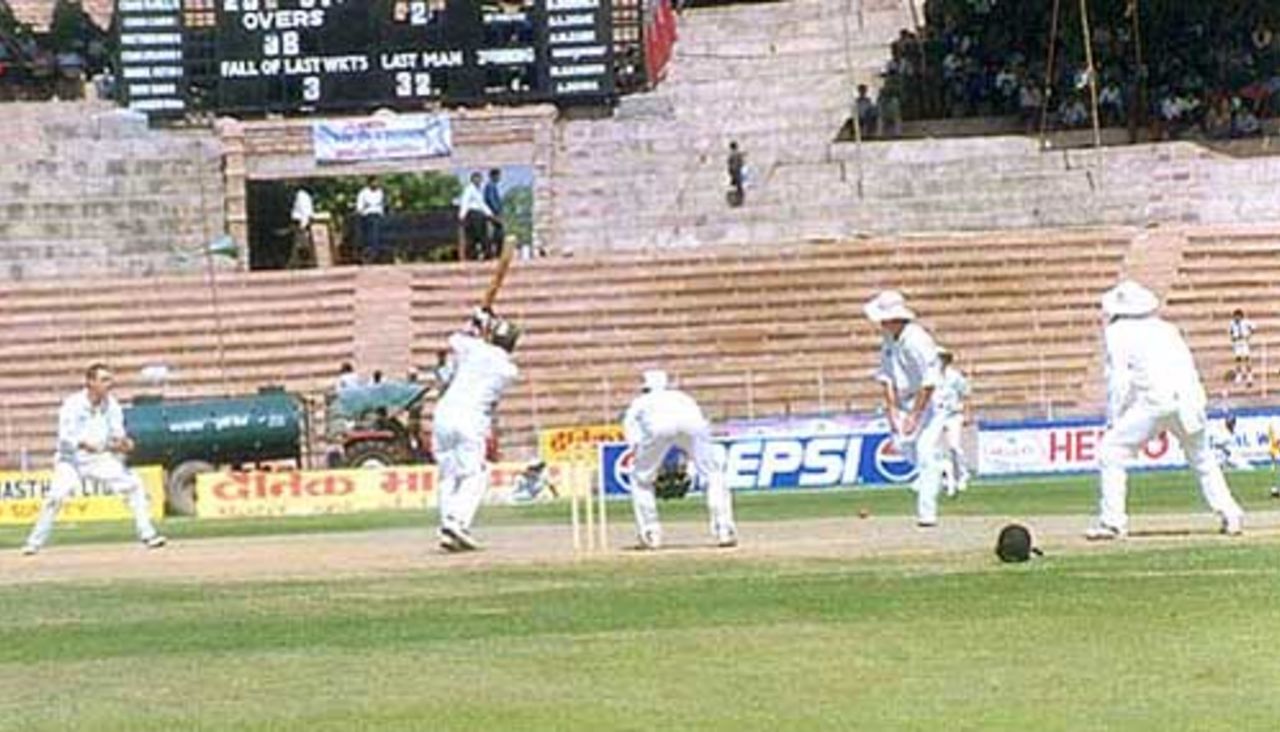 Pravanjan Mullick executing a cover drive during his sweet innings, during day one of Indian Board President's XI v New Zealanders at Barkatullah Khan Stadium, Jodhpur, 5 October 1999, New Zealand in India, 1999/00
