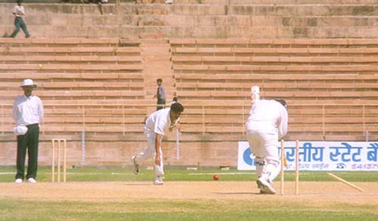 Matthew Bell beaten all ends up including stumps, during day two of Indian Board President's XI v New Zealanders at Barkatullah Khan Stadium, Jodhpur, 6 October 1999, New Zealand in India, 1999/00