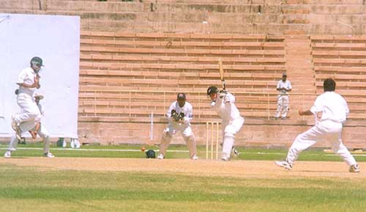 Matthew Horne drives the ball, during day two of Indian Board President's XI v New Zealanders at Barkatullah Khan Stadium, Jodhpur, 6 October 1999, New Zealand in India, 1999/00