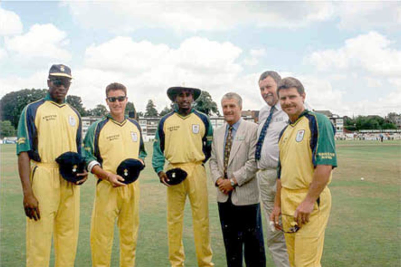 Nixon McLean, Giles White and Dimitri Mascarenhas receive their county caps. In attendance David Robinson (Cricket Chairman), Brian Ford (Club Chairman) and Robin Smith (Captain).