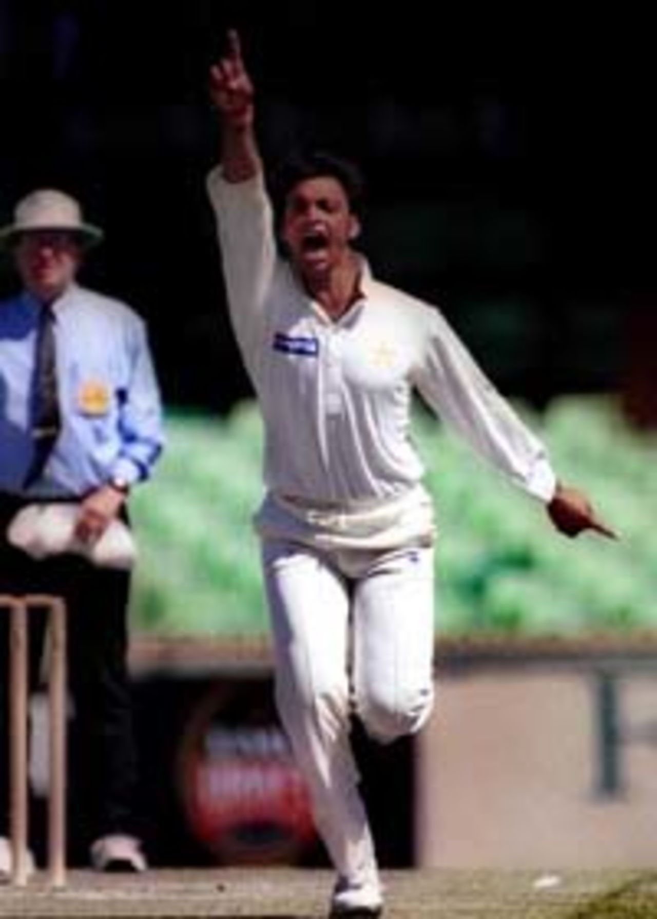 27 Oct 1999: Pakistan fast bowler Shoaib Ahktar screams after dismising opening batsman Ryan Campbell caught behind for nought during the Pakistan versus Western Australia one day cricket match played at the Western Australia Cricket Association ground in Perth, Australia today. Pakistan were defeated by Western Australia by three runs.