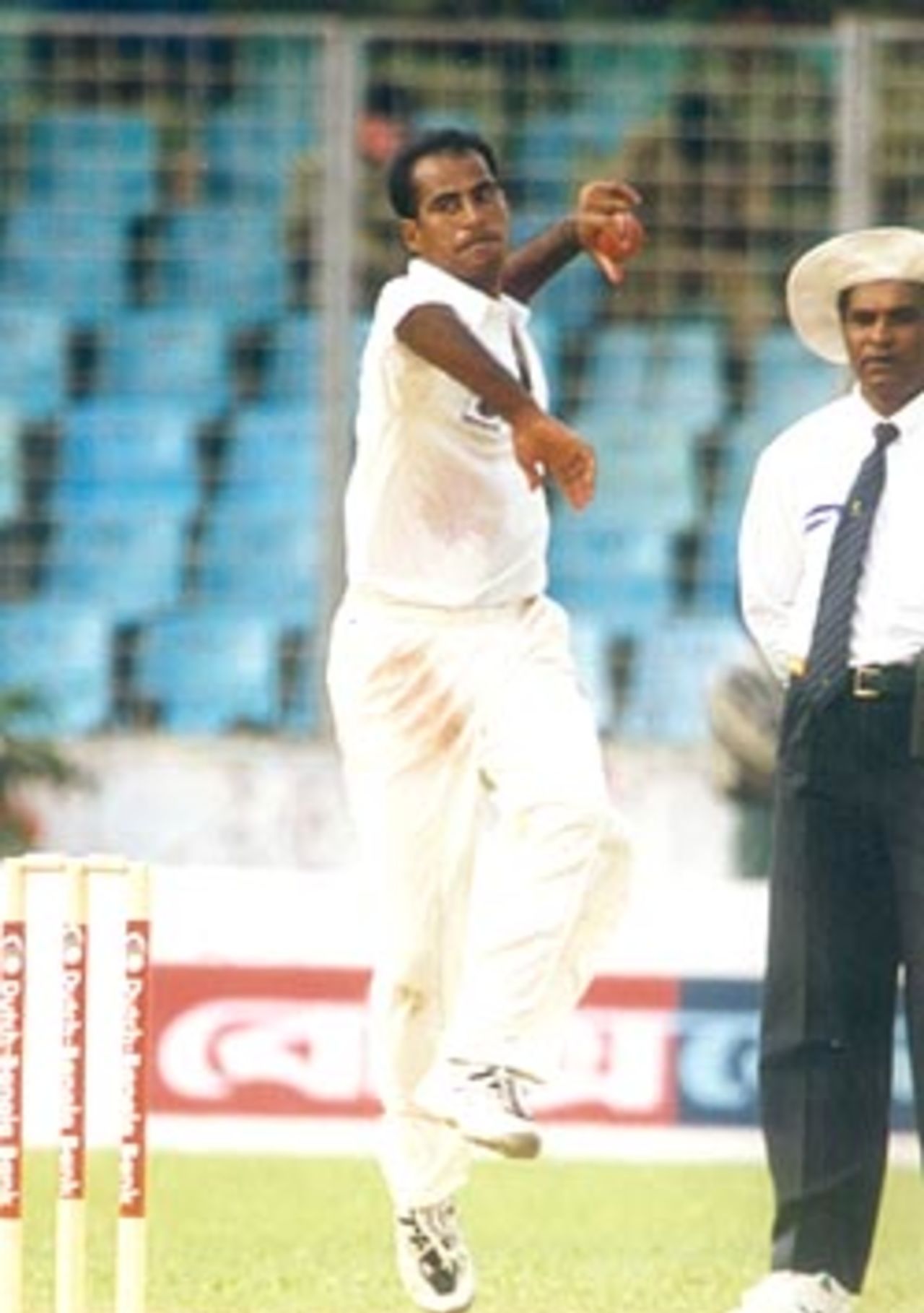 A freeze frame of the bowling action of Enamul Hoque in the match against West Indies, West Indies v Bangladesh at Bangabandhu National Stadium, Dhaka 4-6 October 1999, West Indies in Bangladesh 1999/00