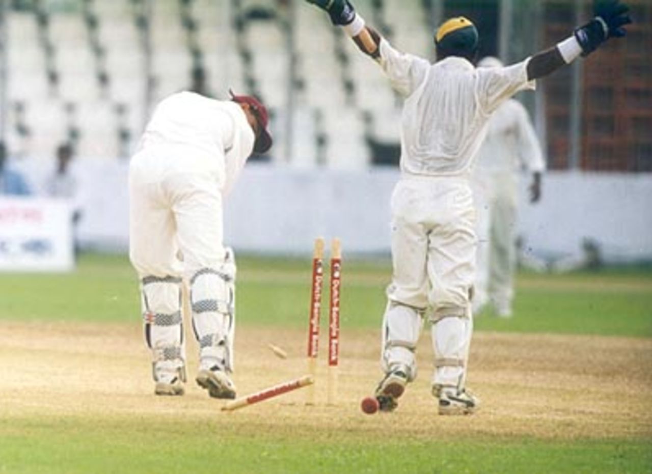 Ricardo Powell loses his leg stump to a ball from Naimur Rahman, West Indies v Bangladesh at Bangabandhu National Stadium, Dhaka 4-6 October 1999, West Indies in Bangladesh 1999/00