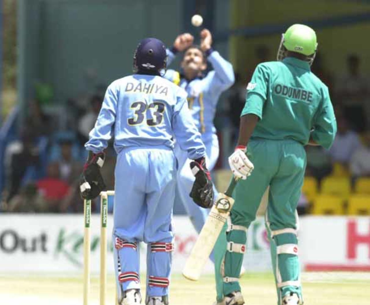 3 Oct 2000: Maurice Odumbe and Vijay Dahiya watch a ball lofted over the bowlers head during the first match of the ICC KnockOut between India  and Kenya at Gymkhana Club Ground, Nairobi.