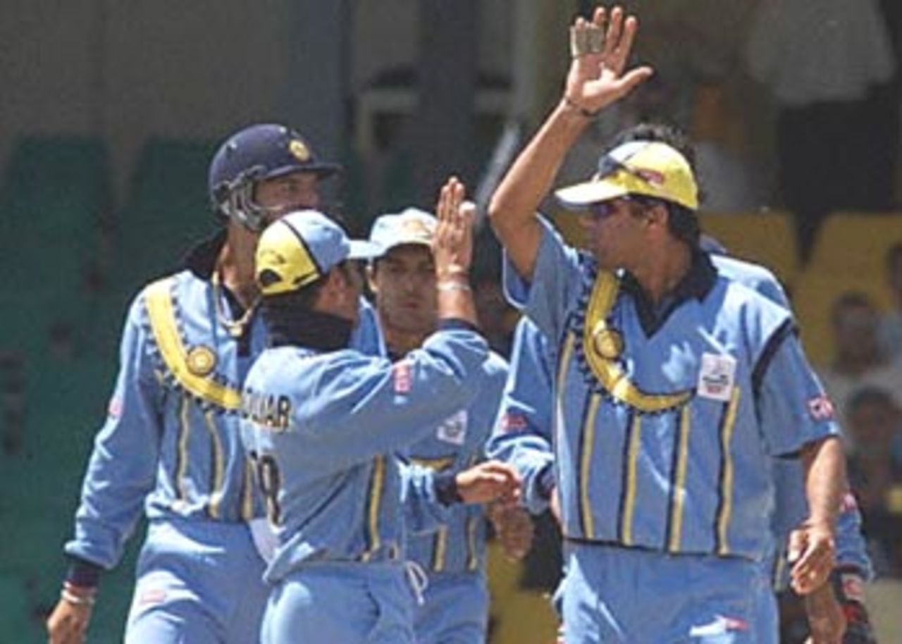 India cricket team celebrate the catching out Jimmy Kamande of the Kenyan team during their opening match on the 11 nation's International Cricket Council ICC tournament in Nairobi. ICC KnockOut 2000/01, Preliminary Quarter Final, Kenya v India, Gymkhana Club Ground, 03 Oct 2000