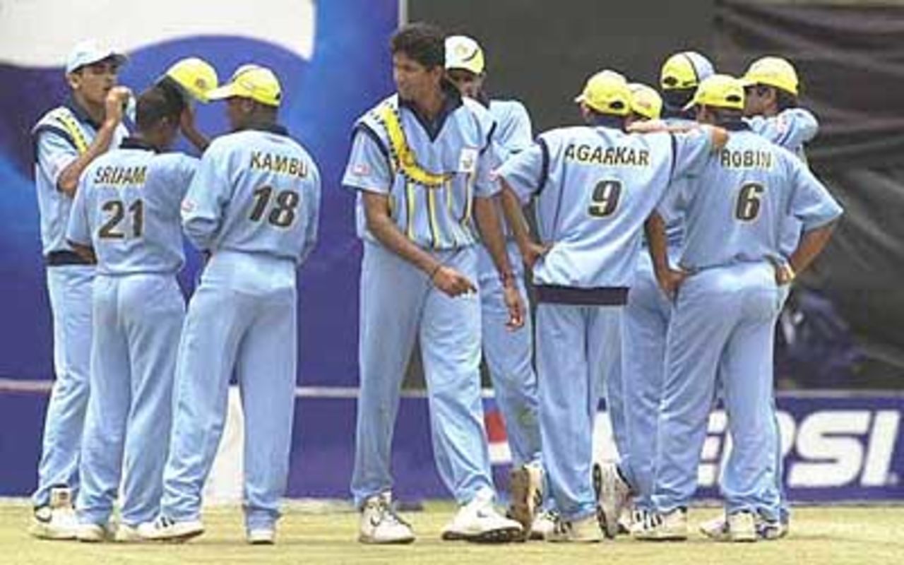 India take a well deserved water break on the way to restricting Kenya to a modest total, ICC KnockOut, 2000/01, Preliminary Quarter Final, Kenya v India, Gymkhana Club Ground, Nairobi, 3 October 2000.
