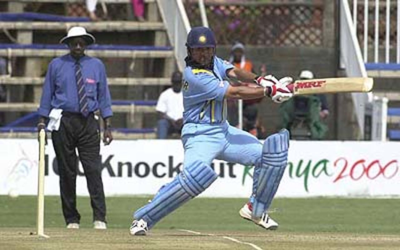 Sachin Tendulkar belts the ball square of the wicket on the off side, ICC KnockOut, 2000/01, Preliminary Quarter Final, Kenya v India, Gymkhana Club Ground, Nairobi, 3 October 2000.