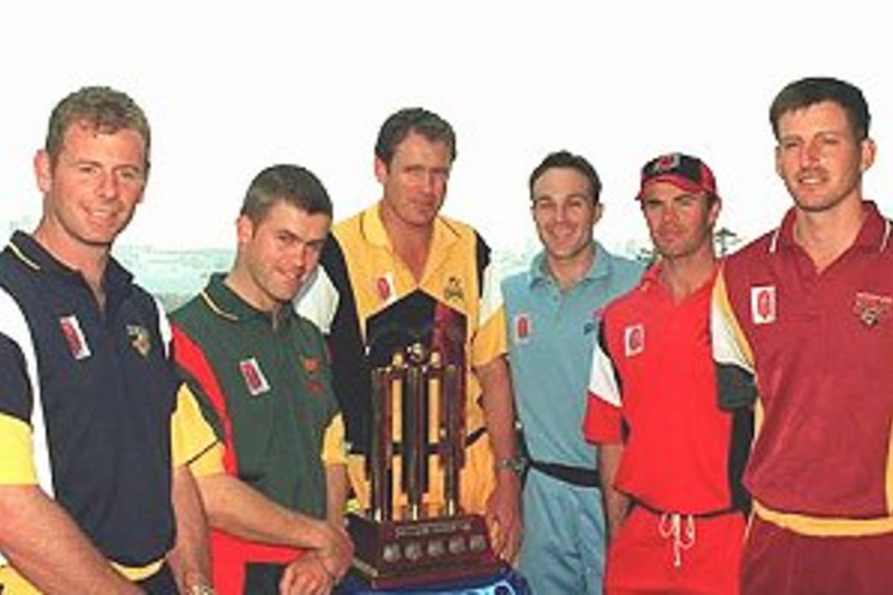 5 Oct 2000: (Left to right) Paul Reiffel of Victorian Bushrangers, Jamie Cox of Tasmanian Tigers, Tom Moody of Western Warriors, Michael Slater of NSW Blues, Greg Blewett of Southern Redbacks and Michael Kasprowicz of Queensland Bulls look on during a press conference to announce the launch of the 2000-01 Mercantile Mutual Cup at Taronga Zoo, Mosman, Sydney, Australia. 5 Oct 2000: (Left to right) Paul Reiffel of Victorian Bushrangers, Jamie Cox of Tasmanian Tigers, Tom Moody of Western Warriors, Michael Slater of NSW Blues, Greg Blewett of Southern Redbacks and Michael Kasprowicz of Queensland Bulls look on during a press conference to announce the launch of the 2000-01 Mercantile Mutual Cup at Taronga Zoo, Mosman, Sydney, Australia.