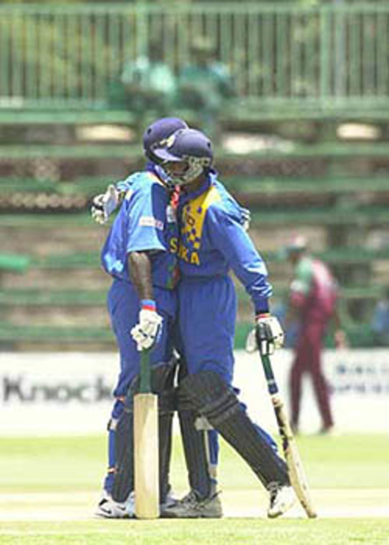 Gunawardene being congratulated on his century by Russel Arnold, ICC KnockOut, 2000/01, 2nd Preliminary Quarter Final, Sri Lanka v West Indies, Gymkhana Club Ground, Nairobi, 04 October 2000.