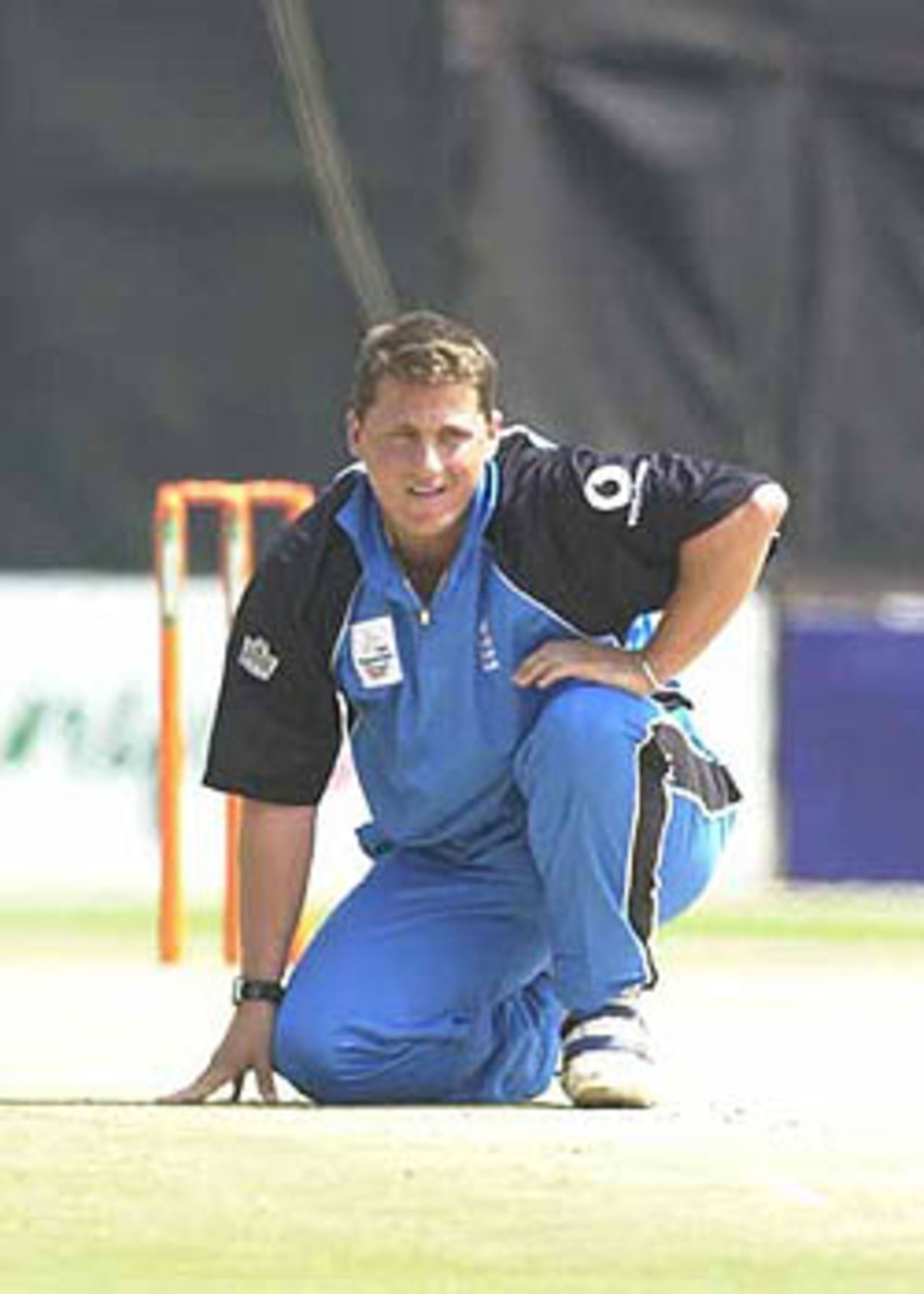 Gough on his knees as he follows the course of the ball keenly, ICC KnockOut, 2000/01, 3rd Preliminary Quarter Final, Bangladesh v England, Gymkhana Club Ground, Nairobi, 05 October 2000.