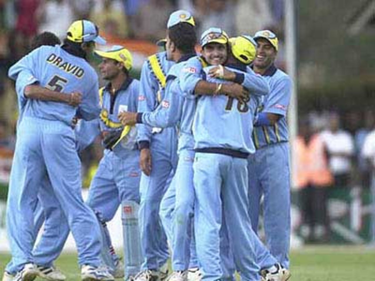 The Indian team is all smiles as another Australian wicket falls and they inch closer to victory, ICC KnockOut, 2000/01, 1st Quarter Final, Australia v India, Gymkhana Club Ground, Nairobi, 07 October 2000.