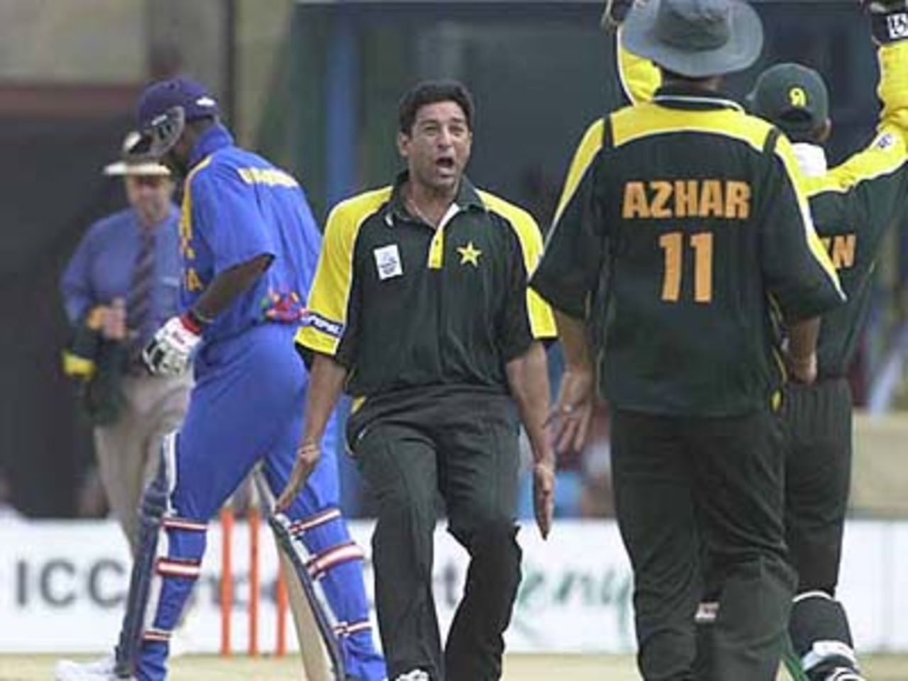 A delighted Wasim Akram after dismissing the Lankan opener Gunawardene, ICC KnockOut, 2000/01, 2nd Quarter Final, Pakistan v Sri Lanka, Gymkhana Club Ground, Nairobi, 08 October 2000