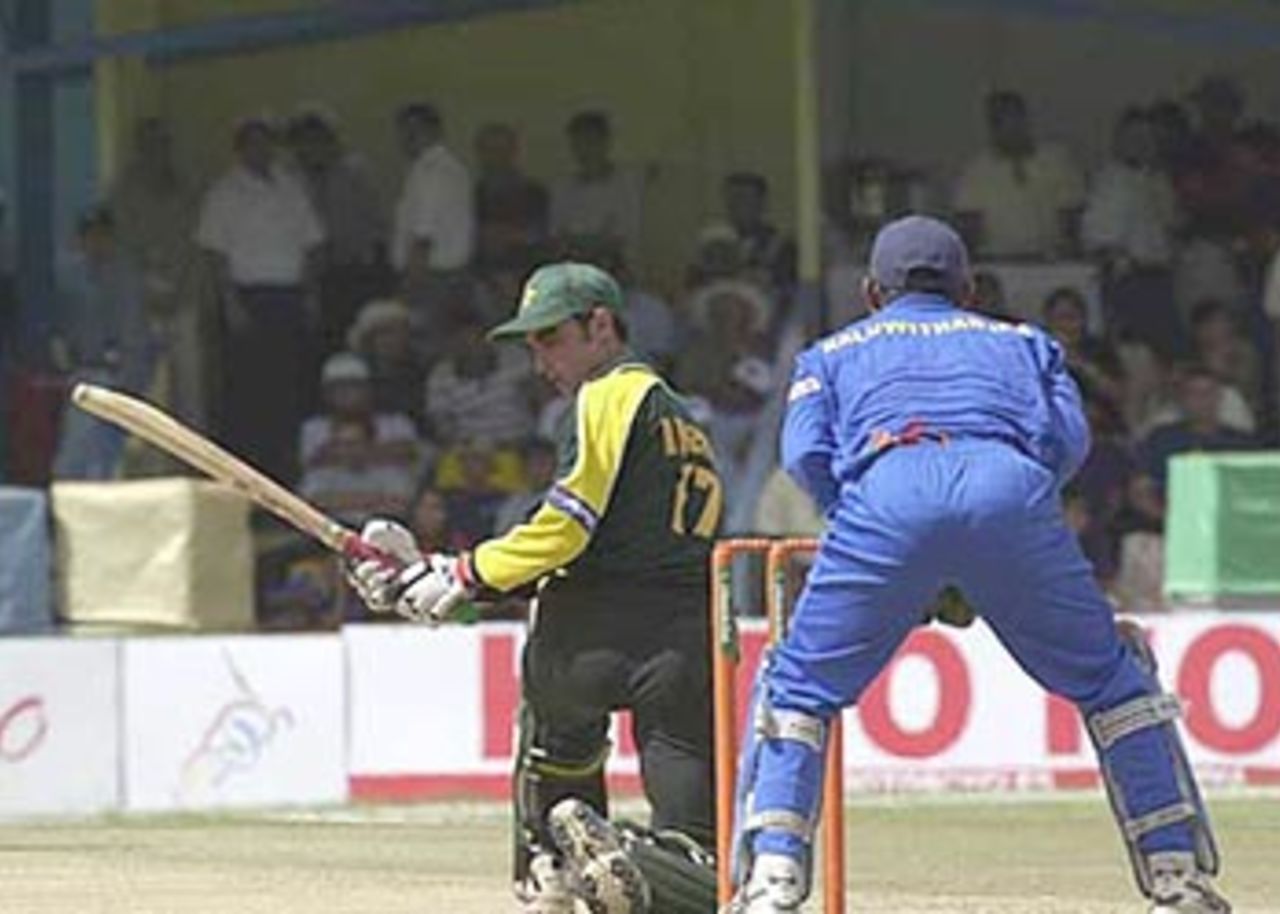 Imran Nazir sweeps the ball as wicket keeper looks on, ICC KnockOut, 2000/01, 2nd Quarter Final, Pakistan v Sri Lanka, Gymkhana Club Ground, Nairobi, 08 October 2000.