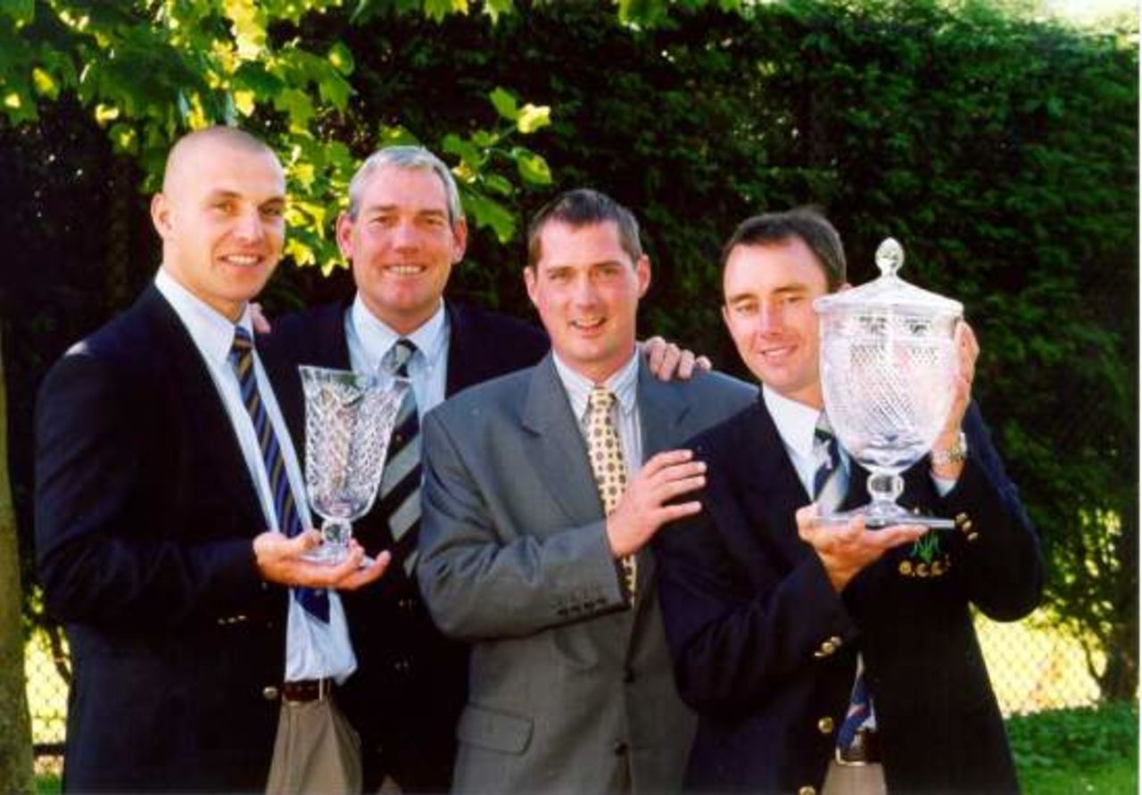 Adrian Dale(right) with the Glamorgan Player of the Year Award for 2000 and Alex Wharf (left) with the Young Player of the Year award, In between are Glamorgan coach Jeff Hammond and (right) Neil Moir, Managing Director of Bass Brewers Wales & West.